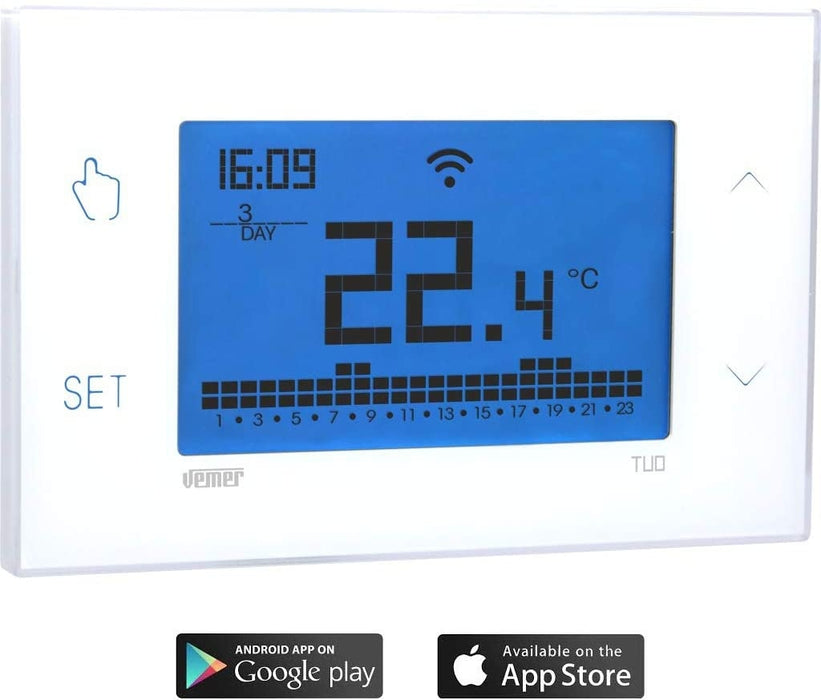 Cronotermostato touch screen TUO WI-FI LITE BIANCO da parete, alimentazione 230V - Vemer VE785700