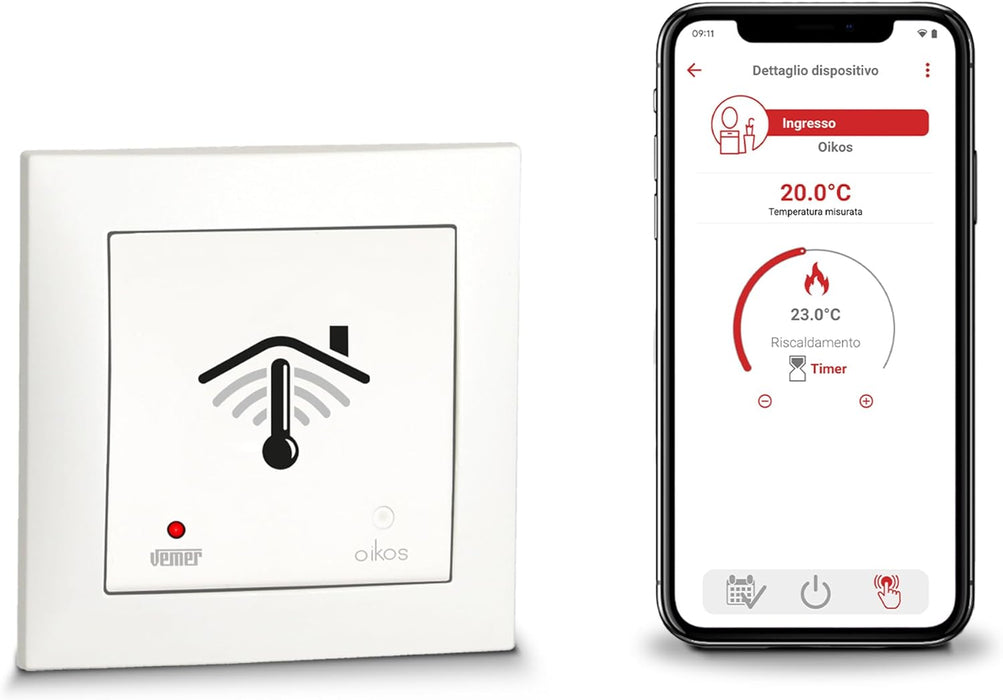 Cronotermostato OIKOS Wi-Fi INT da incasso per scatola tonda (50x50)  e alimentazione 230V, Gestione esclusiva del dispositivo con App - Vemer