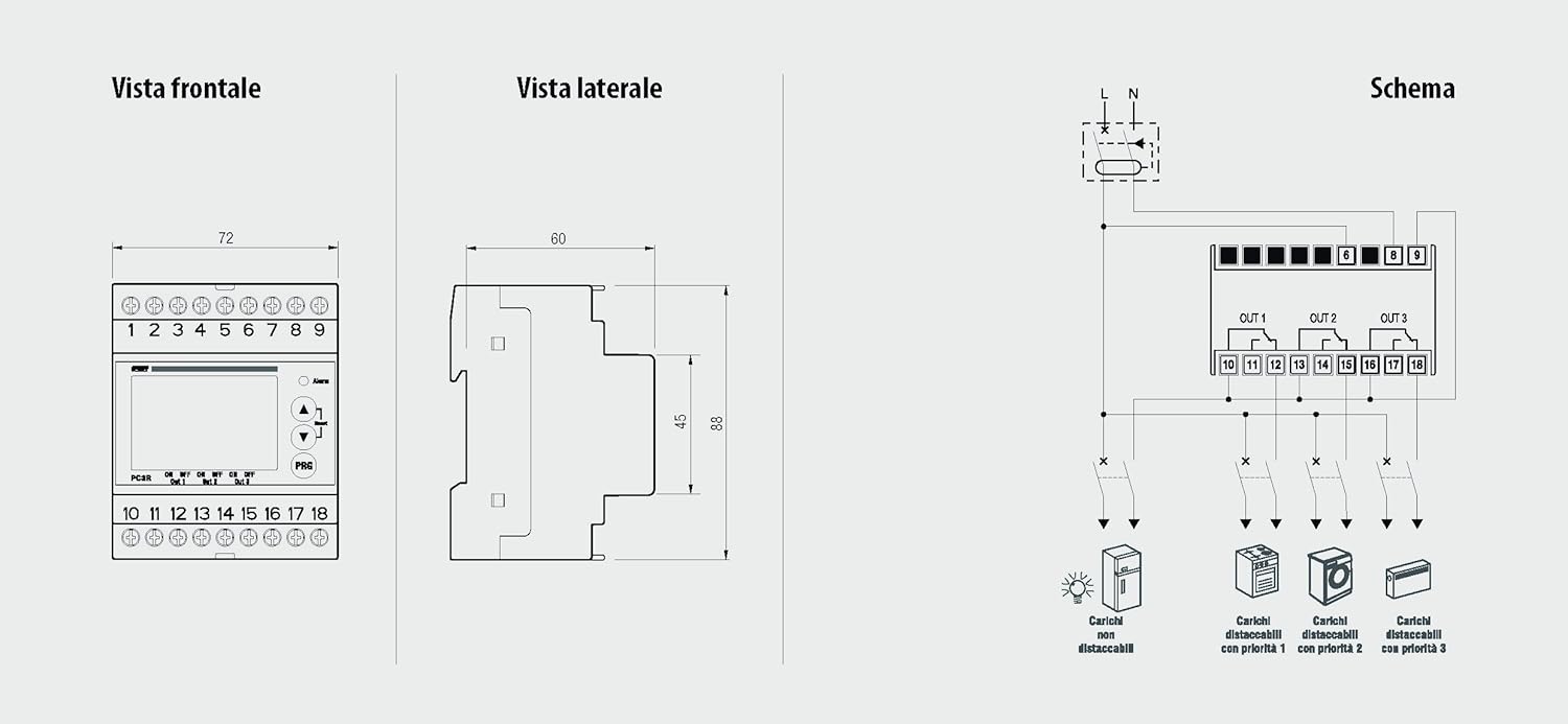 Centralina Controllo Carichi Prioritari per Impedire il Distacco dell'Interruttore Generale (Blackout), 3 Carichi Non Prioritari Controllabili PC3R - VEMER VE467700