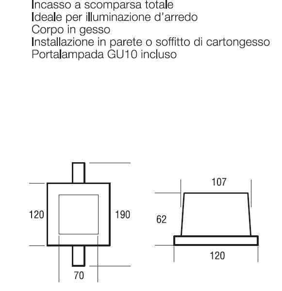 Faretto ad incasso 125x125 in gesso quadrato asimettrico - TECNOSWITCH GE102AL