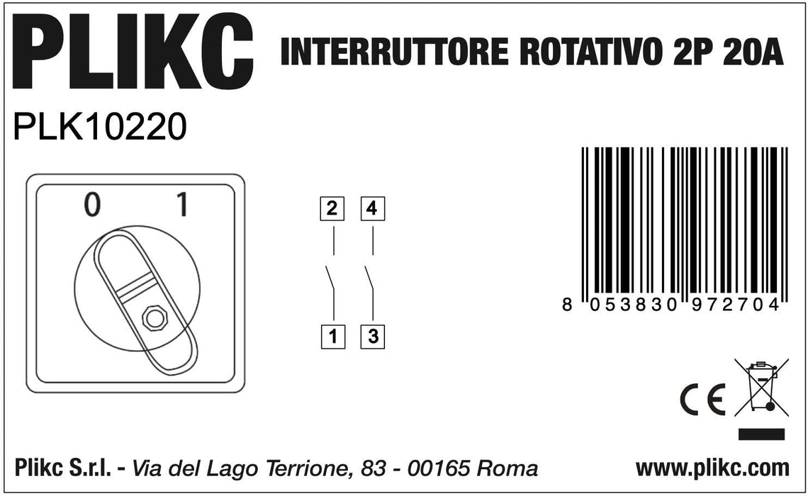 Interruttore rotativo a camme (2 Poli 20A) - PLIKC