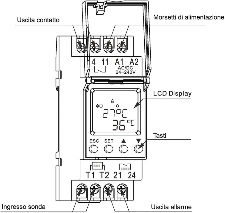 Termoregolatore digitale modulare completo di sonda range da -20 a +130°C - Alimentazione 24-240Vac/dc Plikc TRM
